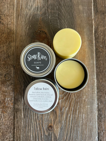 Image shows tallow balms with their packaging