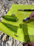 Image shows the process of preparing the aloe vera gel and cucumber puree